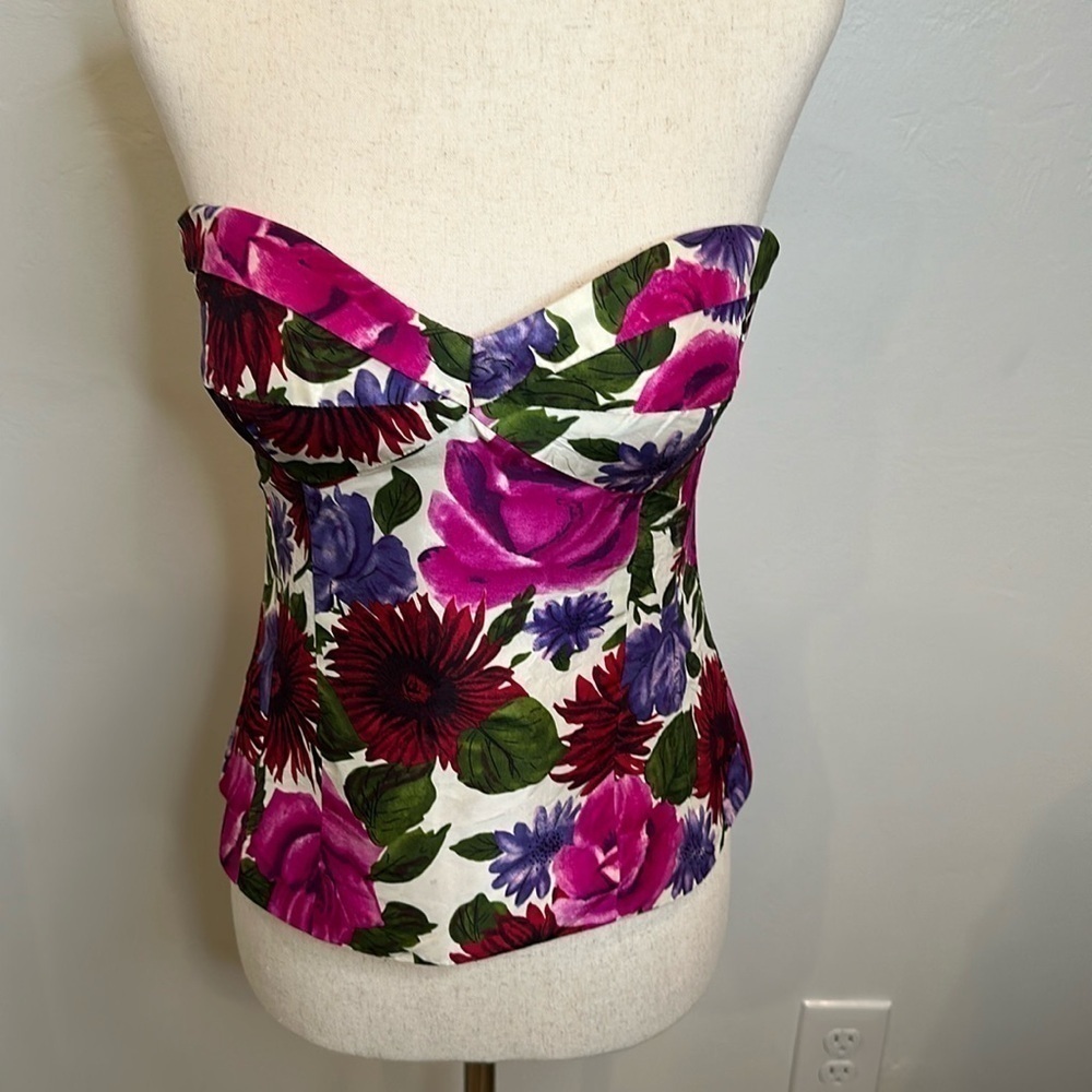 Tibi Floral Strapless Top - Pink, Purple, Green